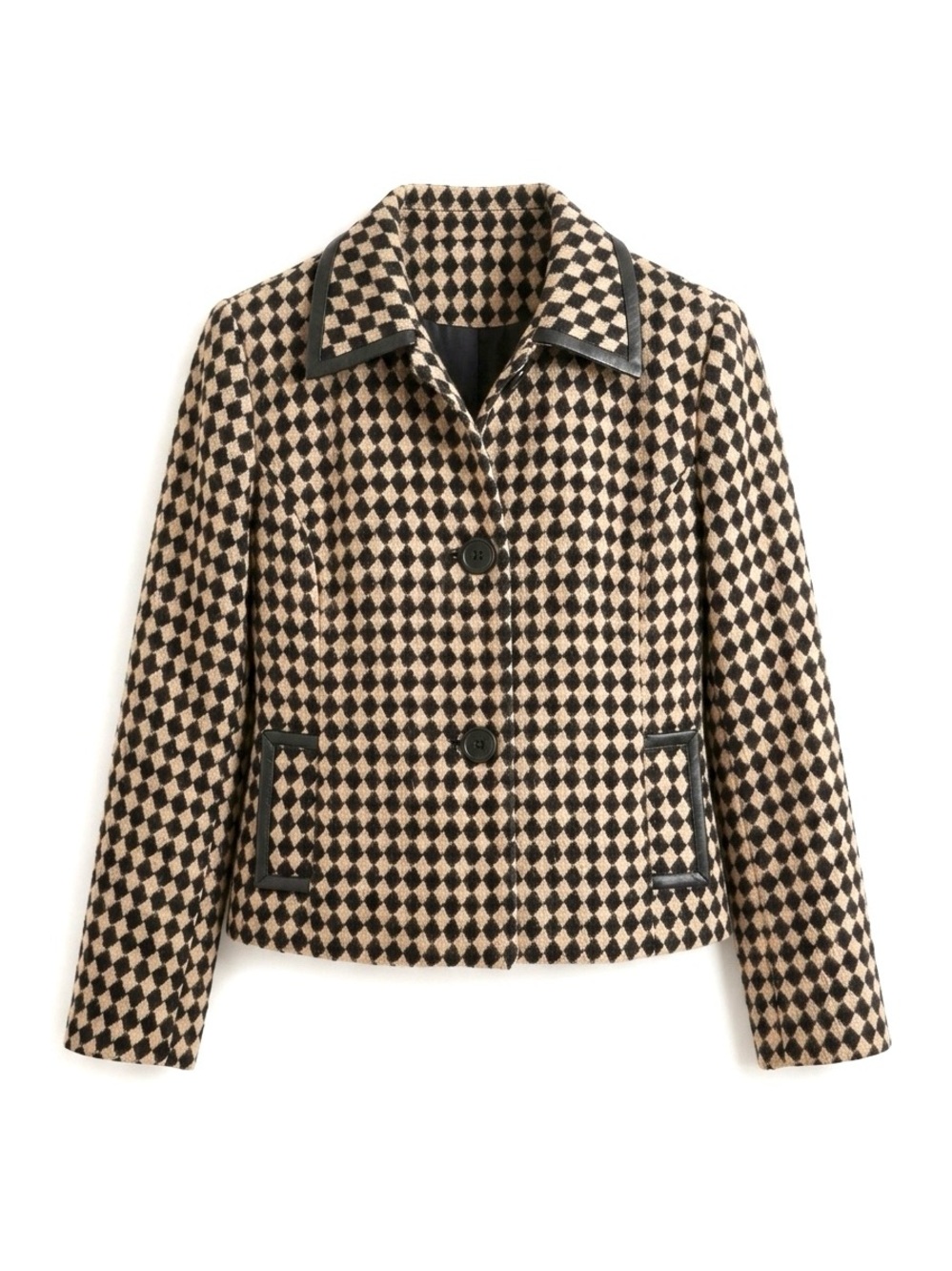 JM Collection Harlequin Wool Tweed Tan and Black Cropped Jacket - Punk Edgy